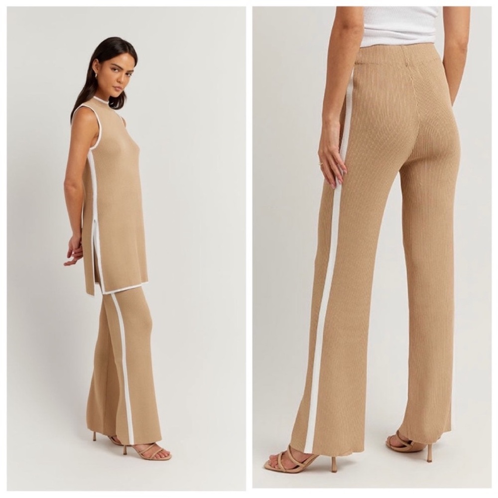 Dissh Binding Wheat High Rise Ribbed Knit Wide Leg Pull On Pants